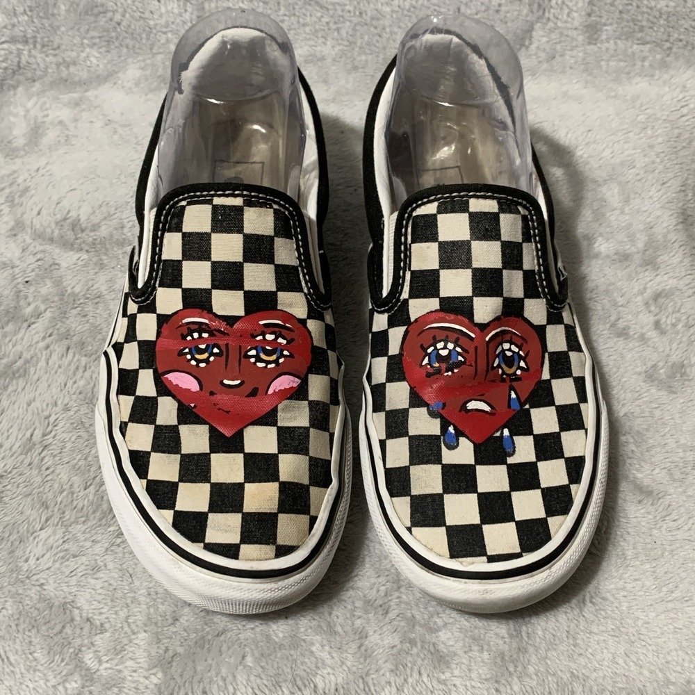 Vans Classic Slip-On Checkerboard Custom Heart Share Face Womens  6.5 Shoes Rare